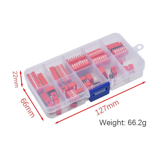 45Pcs Dip Switch Kit 2.54mm Toggle Switch Red Snap Switches Mixed Kit In Box 1 2 3 4 5 6 7 8 10 Way Combination Set