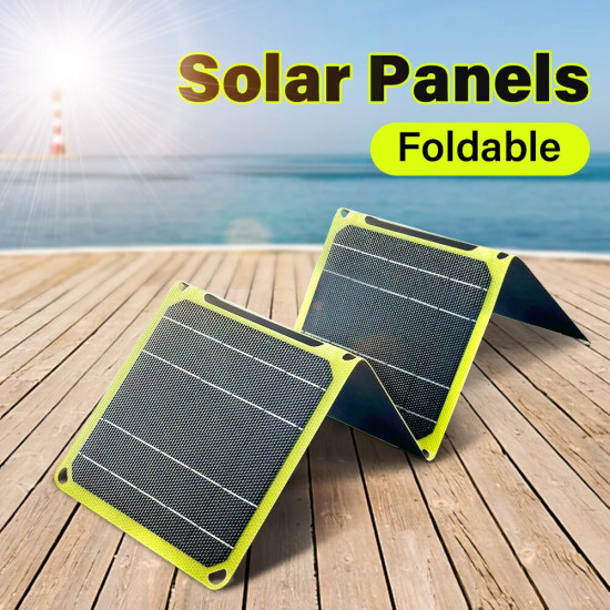 Outdoor Powerful Flexible Solar Panel 5V 28W Portable Battery Mobile Phone Charge PD QC 3.0 9V 12V for USB-A+USB-C Cells Power Bank - 3-Fold Green