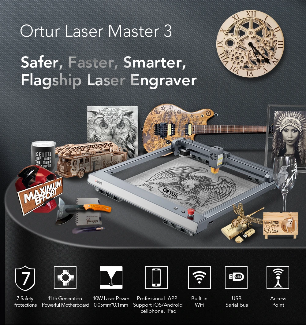 ORTUR Laser Master 3 LU2-10A Laser Engraver 10W Output Power 0.05 * 0.1mm Compressed Spot Laser Cutting Machine Add App Offline Control High Power Laser Engraver for Wood and Metal
