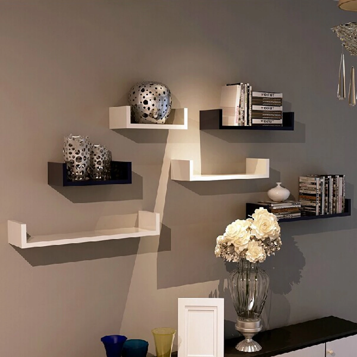 U Shape Wall Mounted Storage Shelves Room Display Floating Shelf Units MDF Wood