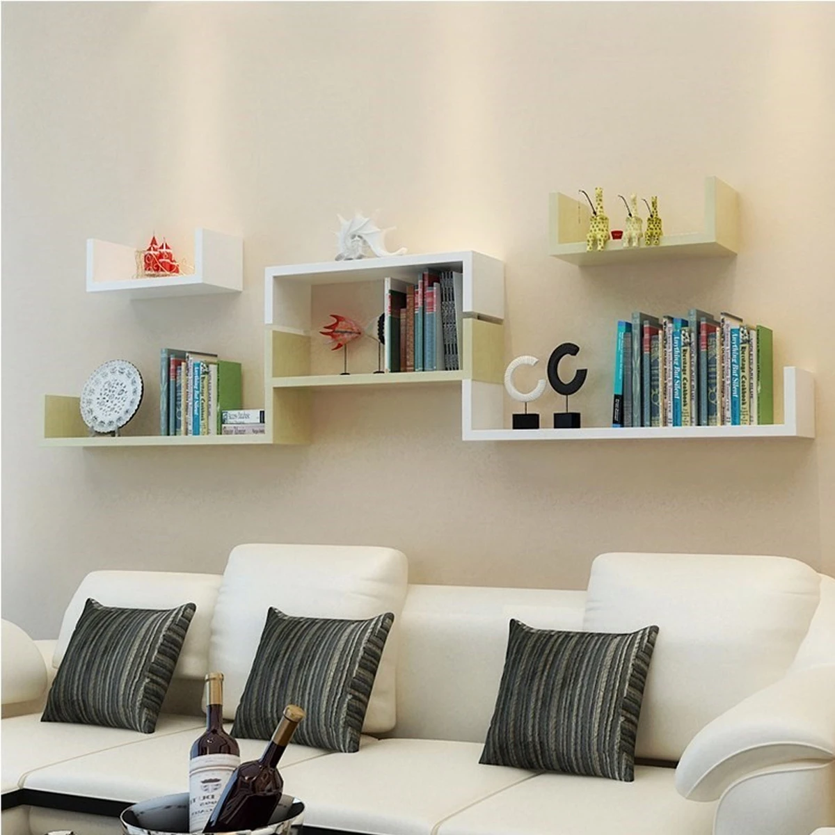 U Shape Wall Mounted Storage Shelves Room Display Floating Shelf Units MDF Wood