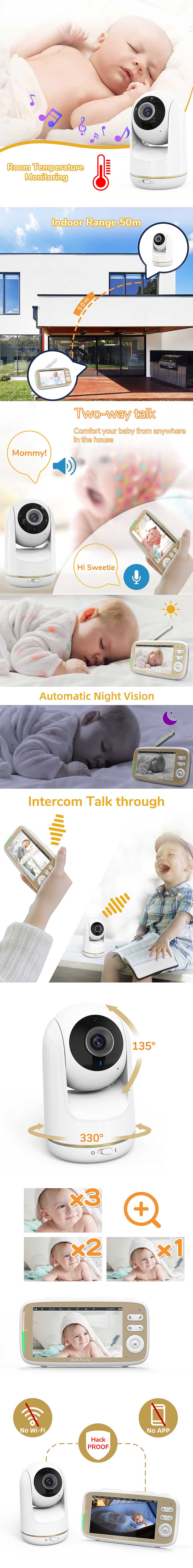 VB803 5inch HD Baby Monitor with Camera Two-way Talk Auto Night Vision PTZ Viewing Zoom in Built-in 8 lullabies Temperature Monitoring Security Camcorder