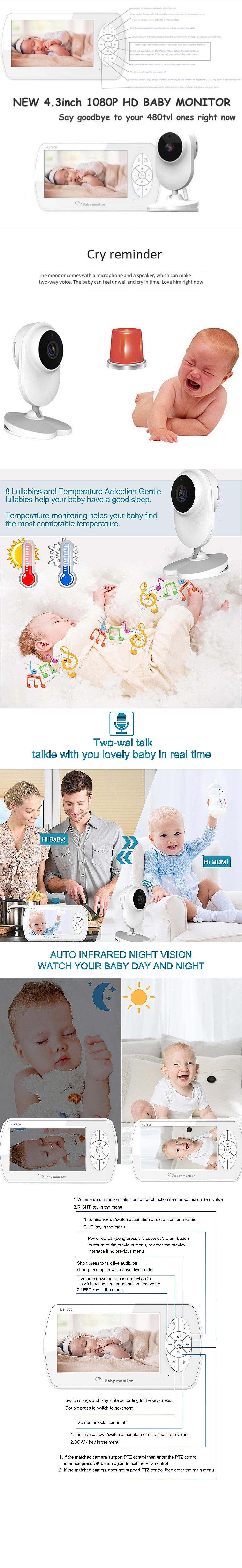M520 1080P 4.3inch Baby Monitor Wireless Digital Monitor Temperature Monitoring 8 Lullabies Auto Night Vision Two-way Talk Mini Baby Watcher Camera Device