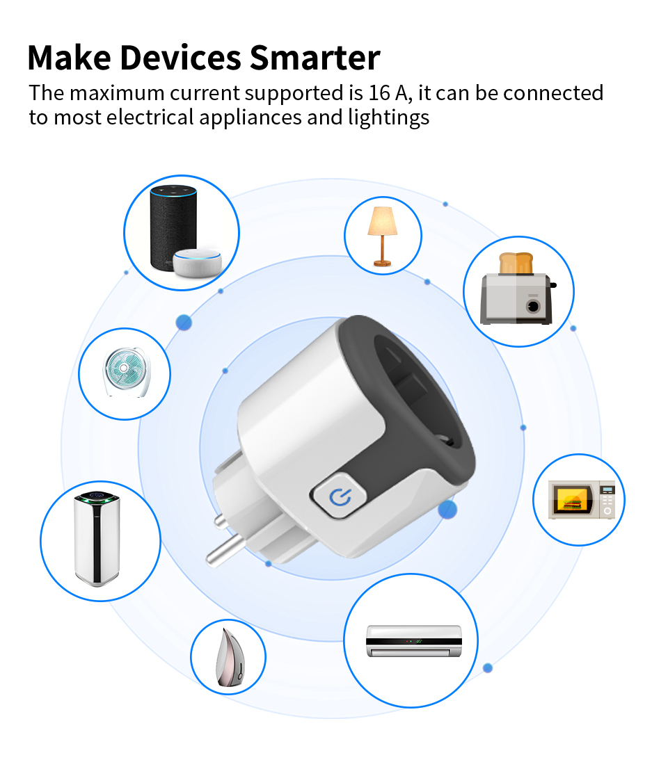 WHDZ03 Tuya 16A 20A Smart Plug EU WiFi Smart Socket Power Monitoring Countdown Timing Function Work with Alexa Google Home