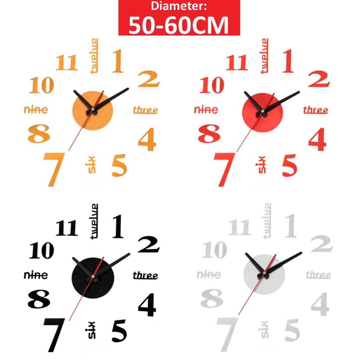 50-60CM/100-120CM 3D Vintage DIY Silent Mirror Wall Clock For Home Art Decor