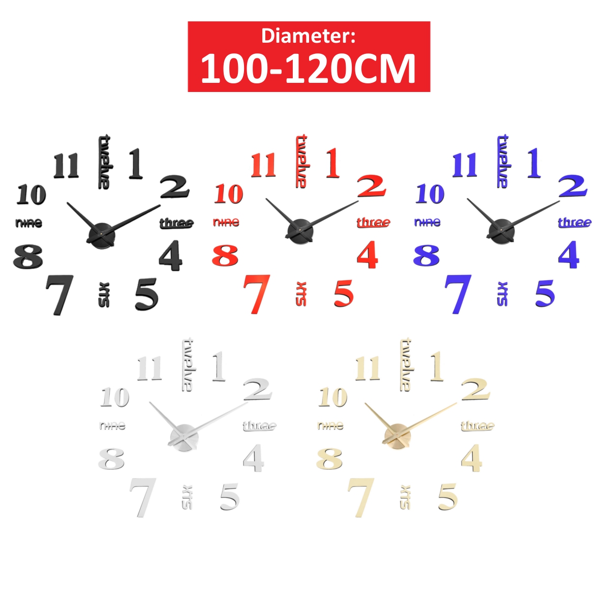 50-60CM/100-120CM 3D Vintage DIY Silent Mirror Wall Clock For Home Art Decor