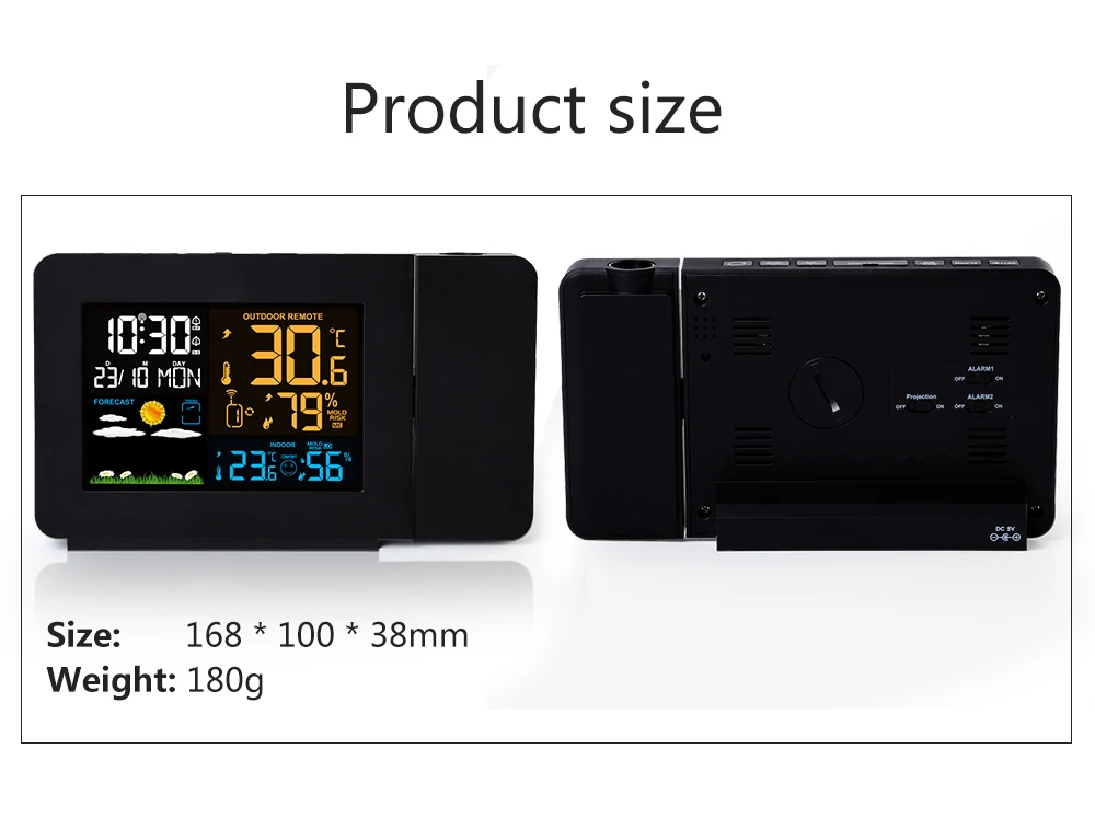 FanJu FJ3391 Multifunctional Weather Station Projector Clock Color Screen Time Temperature Projection Weather Forecast Humidity Calendar Dual Alarm Clock Digital Clock with Wireless Sensor