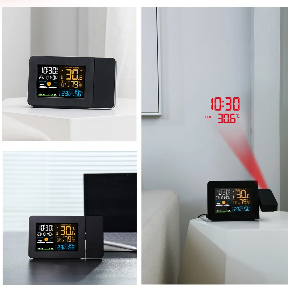 FanJu FJ3391 Multifunctional Weather Station Projector Clock Color Screen Time Temperature Projection Weather Forecast Humidity Calendar Dual Alarm Clock Digital Clock with Wireless Sensor
