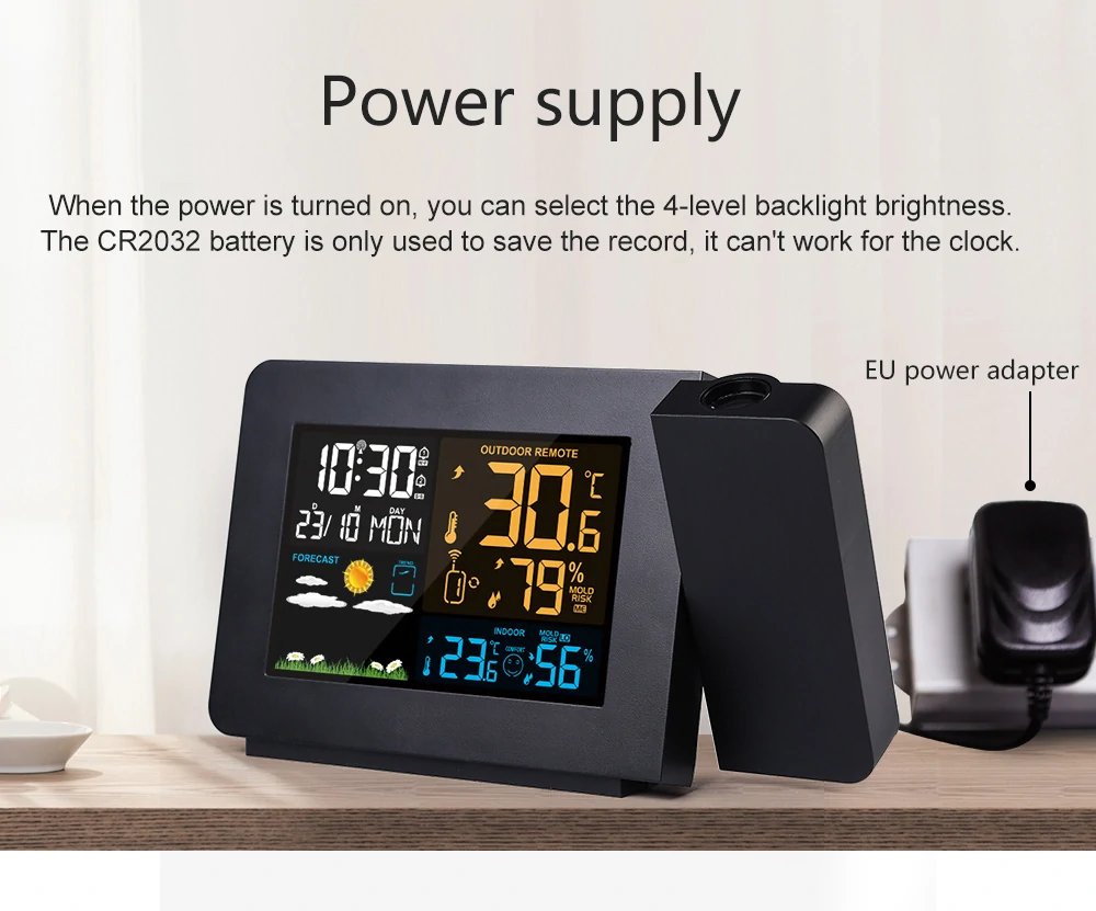 FanJu FJ3391 Multifunctional Weather Station Projector Clock Color Screen Time Temperature Projection Weather Forecast Humidity Calendar Dual Alarm Clock Digital Clock with Wireless Sensor