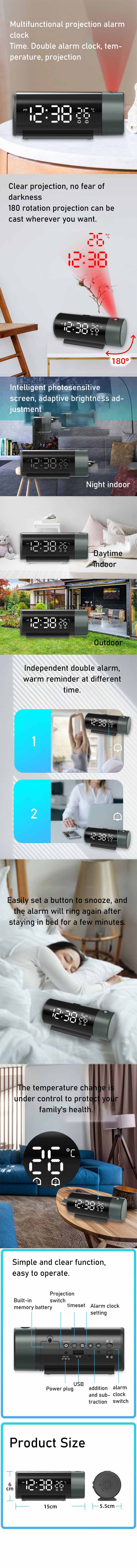 Multifunctional Projection Clock Time Temperature Digital Display Dual Clock LED Screen Backlit USB Powered Projector Clock