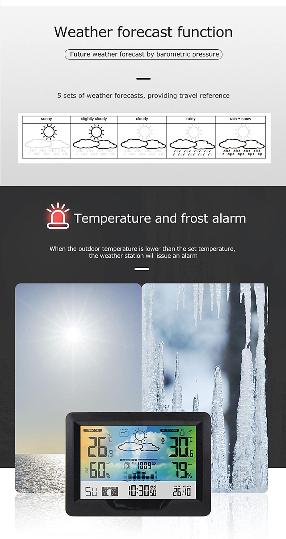 Wireless Weather Station Clock Digital Indoor Thermometer Hygrometer Meter 12H Air Pressure Record Moon Phase Barometer Weather Forecast Temperature Alarm Clock