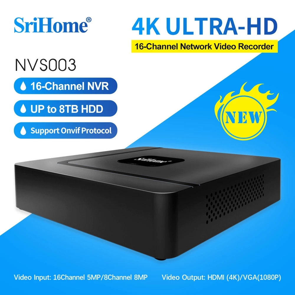 Srihome NVS003 4K UHD CCTV NVR 16CH 5MP Network Video Recorder 8CH 8MP Security Surveillance IP Camera