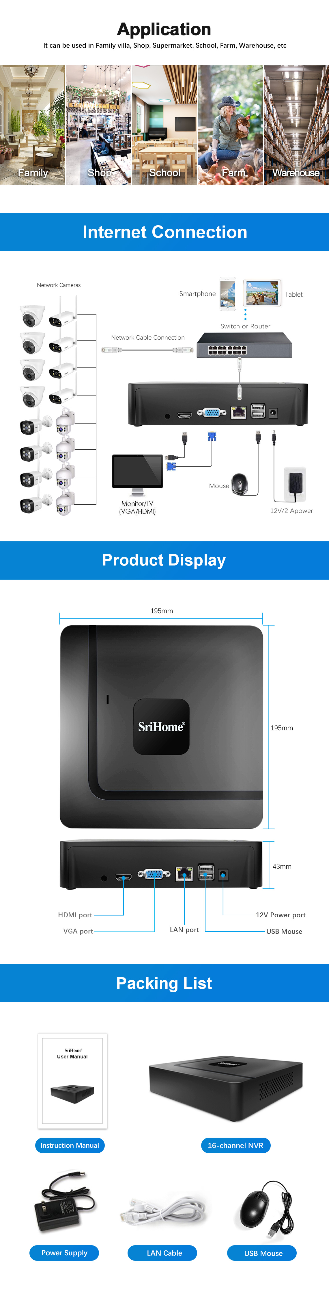 Srihome NVS003 4K UHD CCTV NVR 16CH 5MP Network Video Recorder 8CH 8MP Security Surveillance IP Camera