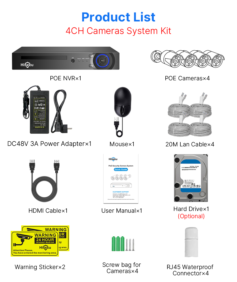 Hiseeu 4Pcs POE H.265+ Security IP Cameras 8CH 5MP NVR Camera System Support Audio Night Vision 10m IP66 Waterproof Onvif
