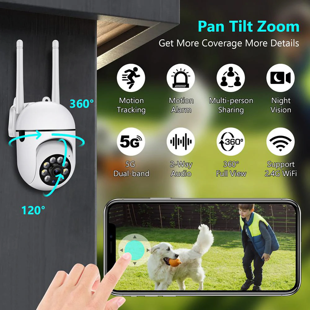2.4G+5G WiFi IP Camera Outdoor Wireless Surveillance Security Video Cam Night Vision Motion Detection Alarm APP Push Notifications Two-way Audio CCTV Camera