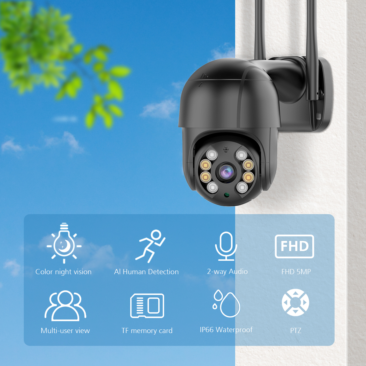 5MP WiFi Monitoring Camera Wireless PTZ Night Vision Two-way Intercom APP Remote Viewing AI Alarm Push Video Playback Built-in Hotspot IP66 Waterproof Security Home Camera