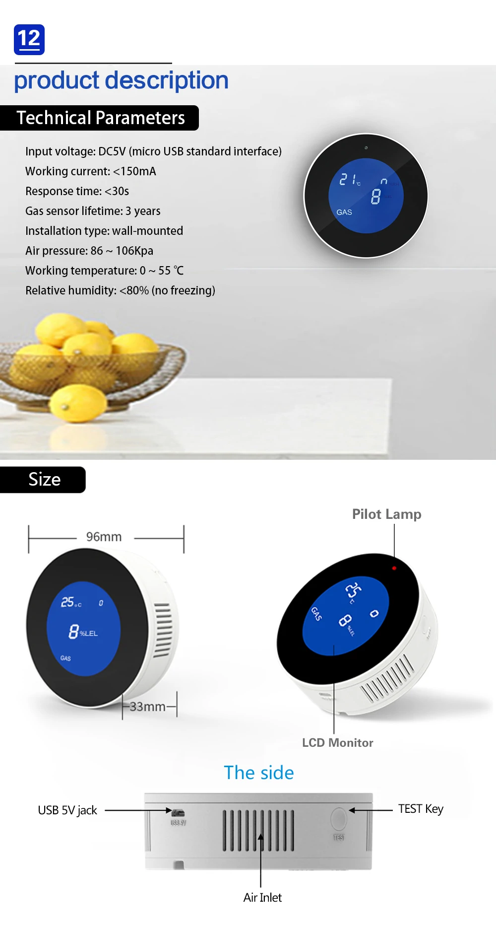 Tuya Wifi Smart Natural Gas Alarm Sensor With temperature function Combustible Gas Leak Detector LCD Display Smart Life App