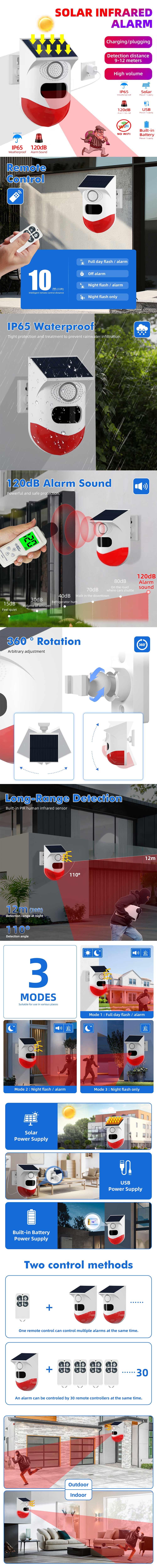 RF433 Solar Powered Infrared Alarm IP65 Waterproof 120dB High Sound PIR Human Detection Night Vision Outdoors Alarm Light