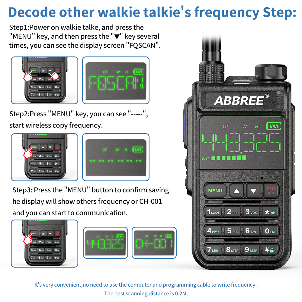 ABBREE AR-518 Full Bands Walkie Talkie 128 Channels LCD Color Screen Two Way Radio Air Band DTMF SOS Emergency Function