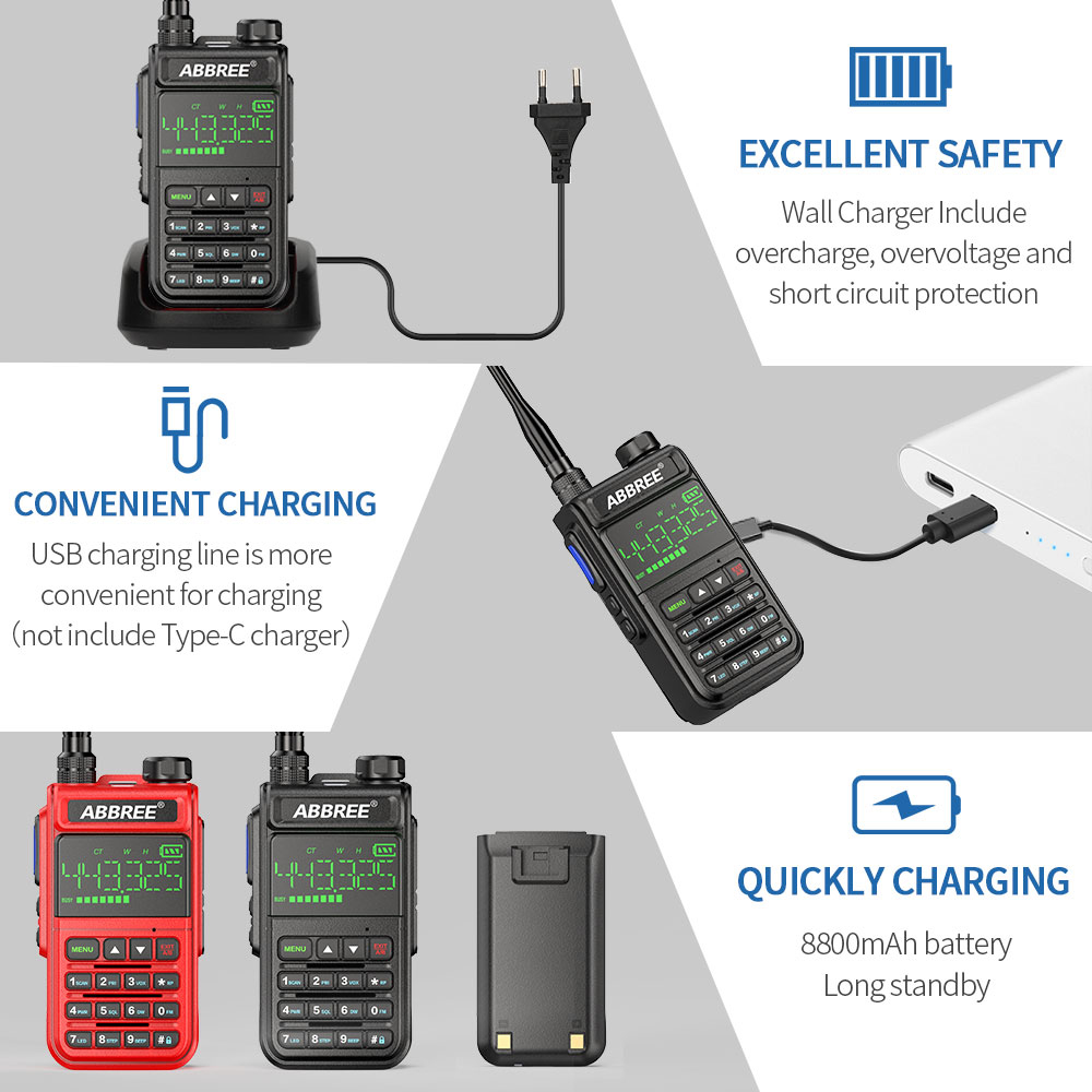 ABBREE AR-518 Full Bands Walkie Talkie 128 Channels LCD Color Screen Two Way Radio Air Band DTMF SOS Emergency Function