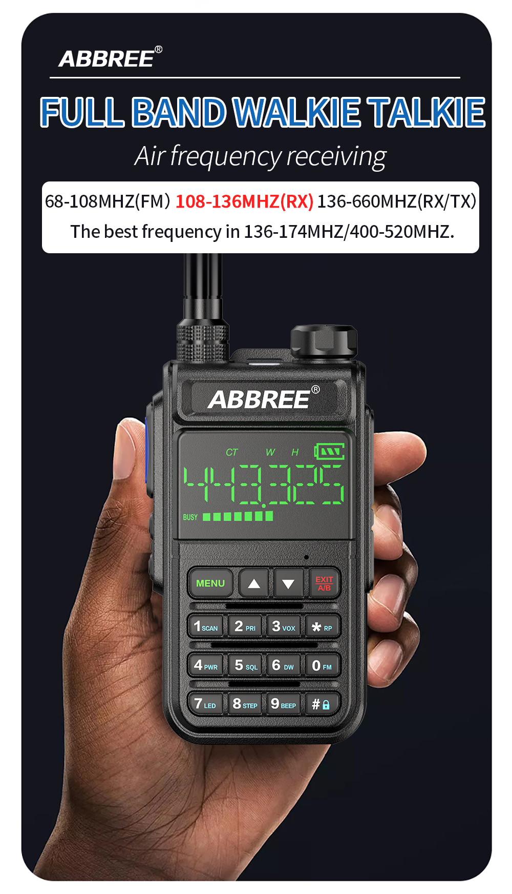 ABBREE AR-518 Full Bands Walkie Talkie 128 Channels LCD Color Screen Two Way Radio Air Band DTMF SOS Emergency Function