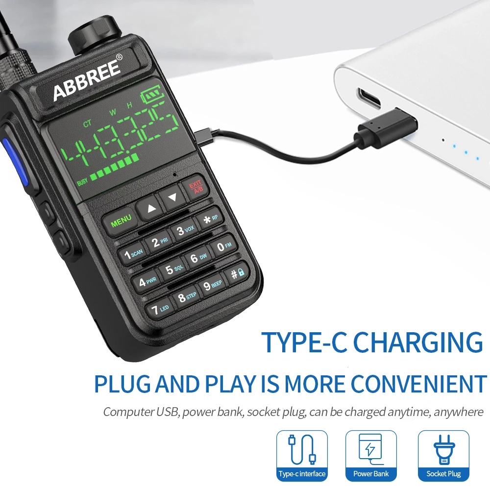 ABBREE AR-518 Full Bands Walkie Talkie 128 Channels LCD Color Screen Two Way Radio Air Band DTMF SOS Emergency Function