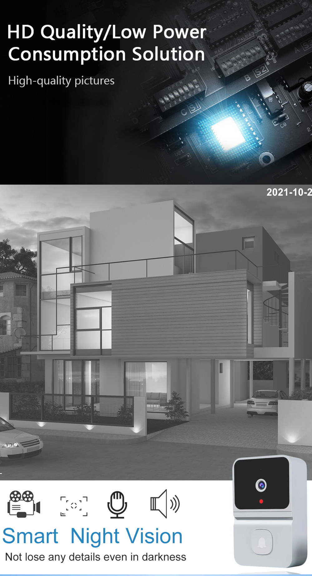 2.4G WiFi Video Doorbell Wireless HD Night Vision Remote Phone Monitoring Two-way Intercom Alarm Notification Push Motion Detection Intelligent Camera Door Bell