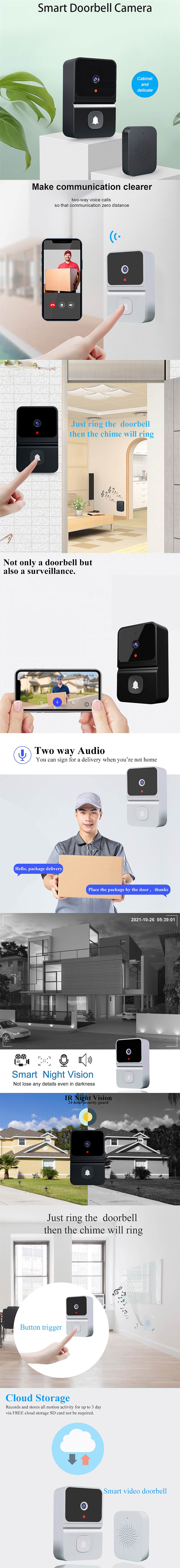 2.4G WiFi Video Doorbell Wireless HD Night Vision Remote Phone Monitoring Two-way Intercom Alarm Notification Push Motion Detection Intelligent Camera Door Bell