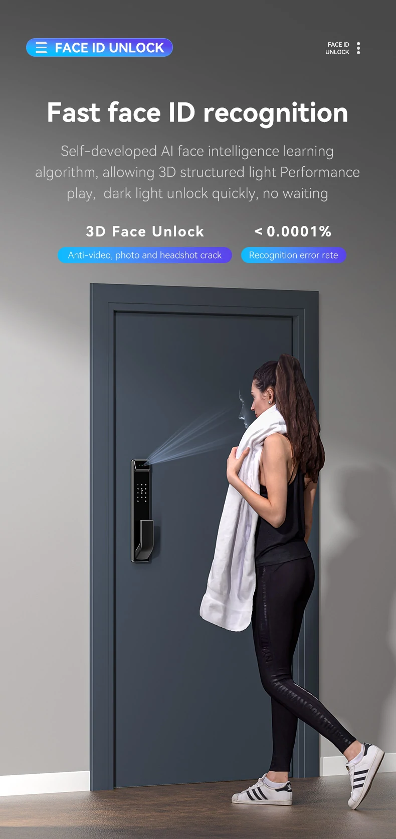 3D Face Smart Door Lock Security Camera Monitor Intelligent Fingerprint Password Biometric Electronic Key Unlock