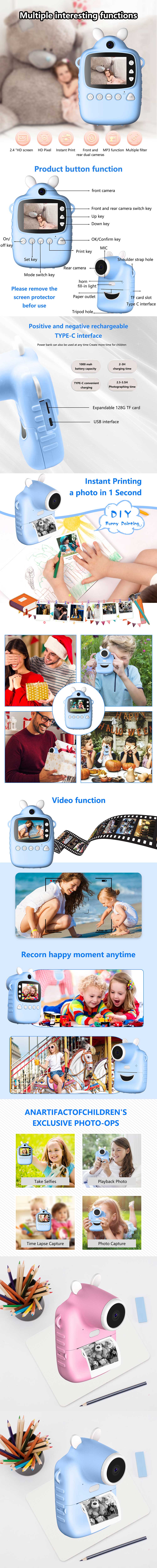 P1 Children Instant Camera 1080P HD 2.4-inch Screen Instant Printing Camcorder with MP3 for Polaroid Mini Digital Cam