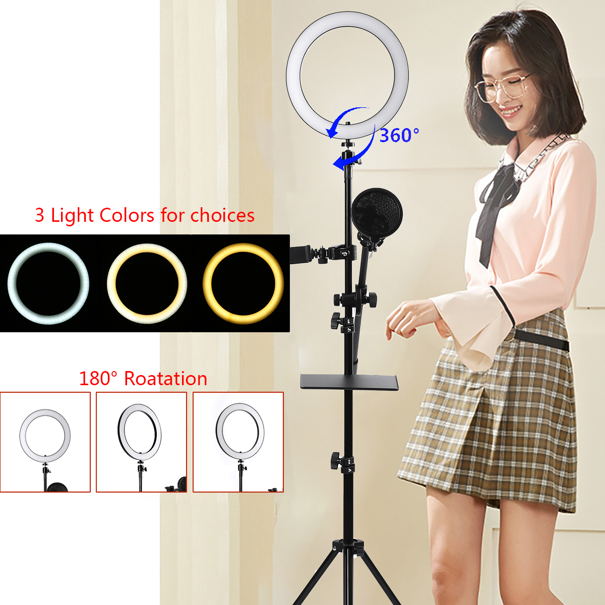16/25cm Dimmable LED Video Ring Light Tripod Stand with Phone/Mic Holder bluetooth Selfie Shutter for Youtube Tik Tok Live Streaming