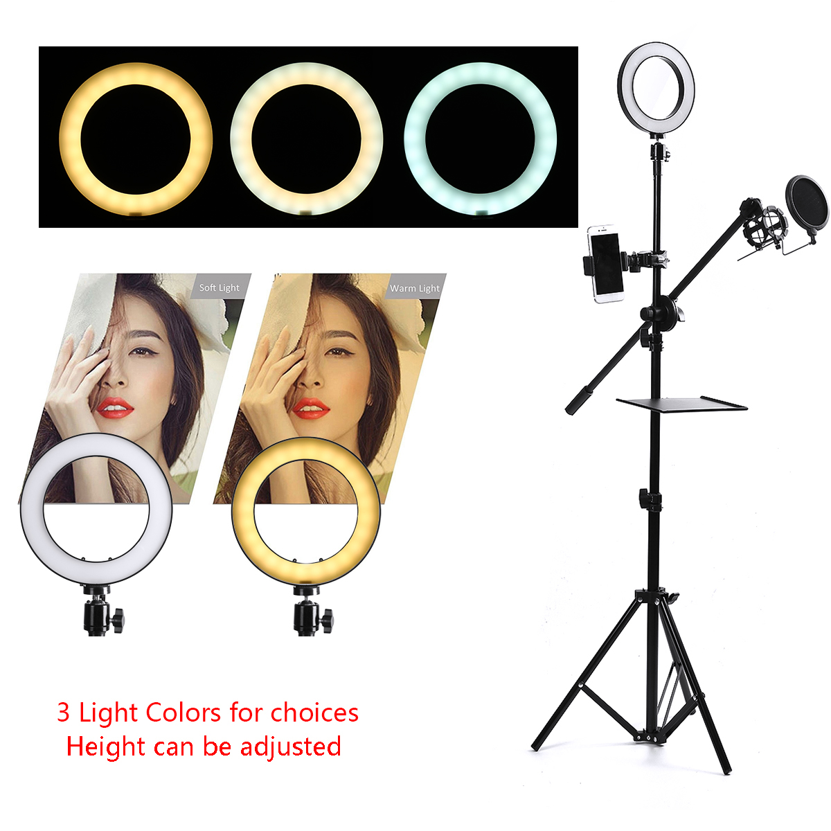 16/25cm Dimmable LED Video Ring Light Tripod Stand with Phone/Mic Holder bluetooth Selfie Shutter for Youtube Tik Tok Live Streaming