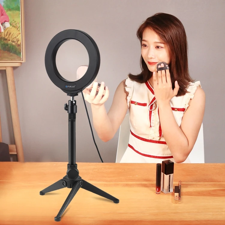 PULUZ PU408 22cm Desktop Adjustable Tripod Stand Selfie Stick LED Ring Light Mount Holder for Live Broadcast