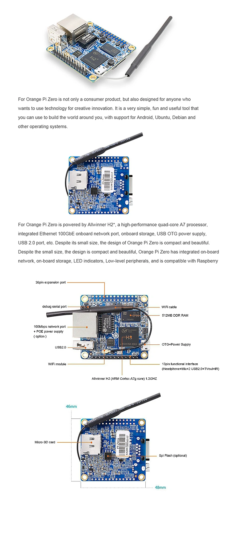 Orange Pi Zero LTS Development Board 512MB H2 Quad-Core CPU Onboard WiFi Open-Source Run Android 4.4 Ubuntu Debian Image Programming Module Board