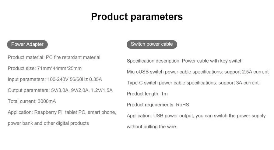 YAHBOOM® Raspberry Pi 5V 3A Power Supply Charger with Power On/Off Switch for 3B+/4B/ZERO/W
