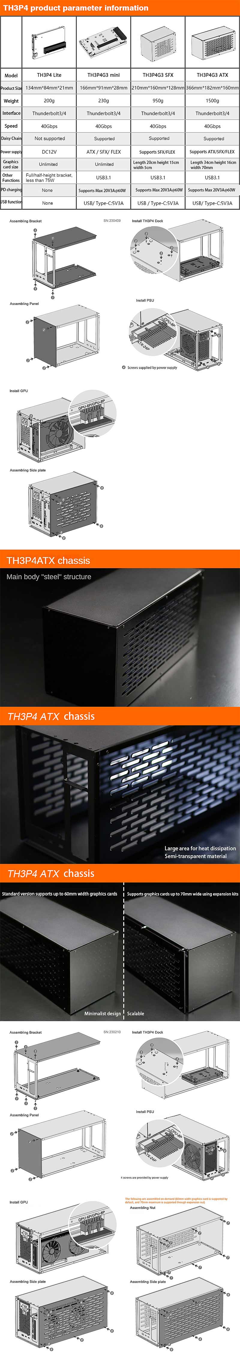 for Thunderbolt GPU Dock TH3P4G3 Metal Shell Box Graphics Dock Chassis for ATX/SFX