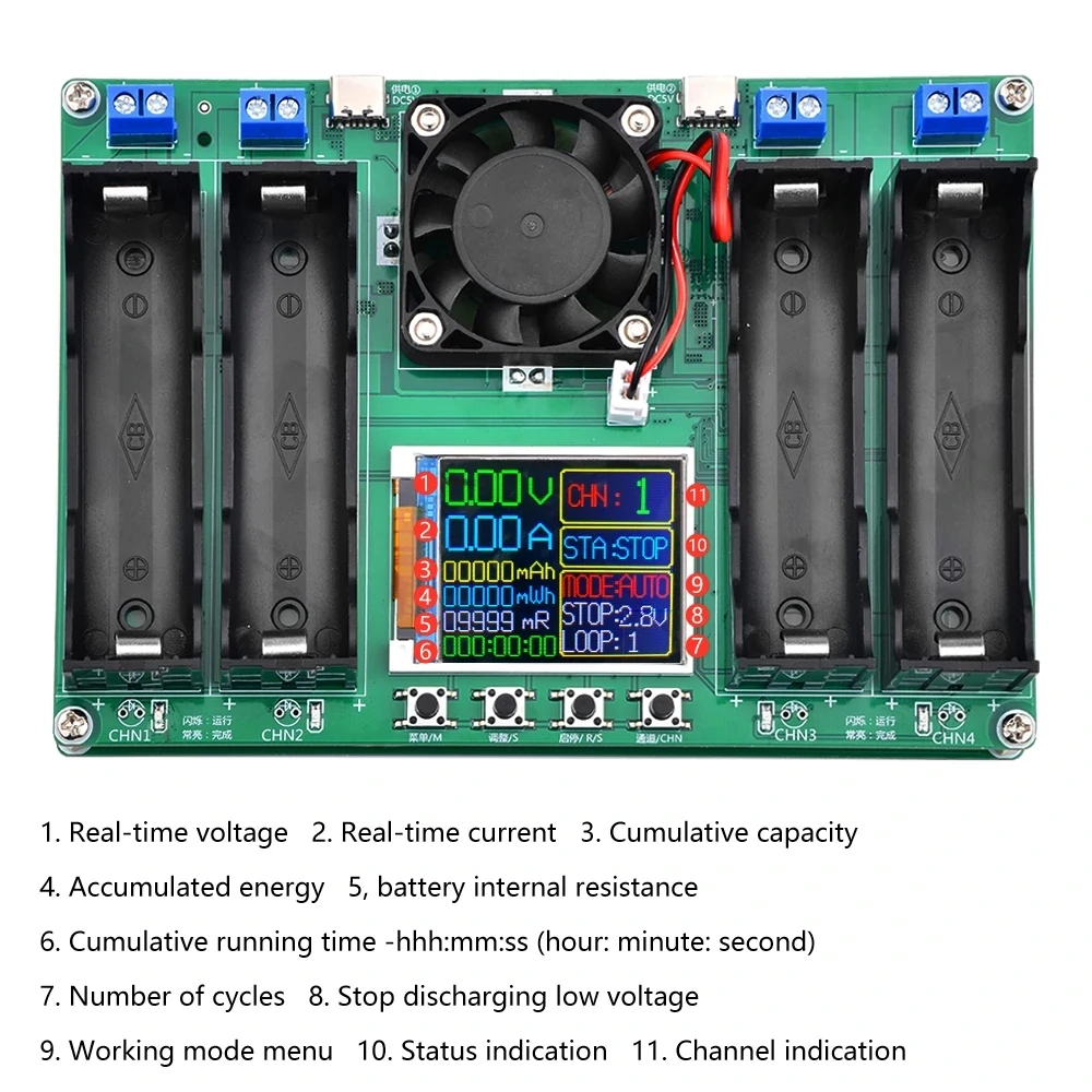 LCD Display 18650 Lithium Battery Digital Measurement Lithium Battery Power Detector Module 4 Channels Battery Capacity Tester DC 5V