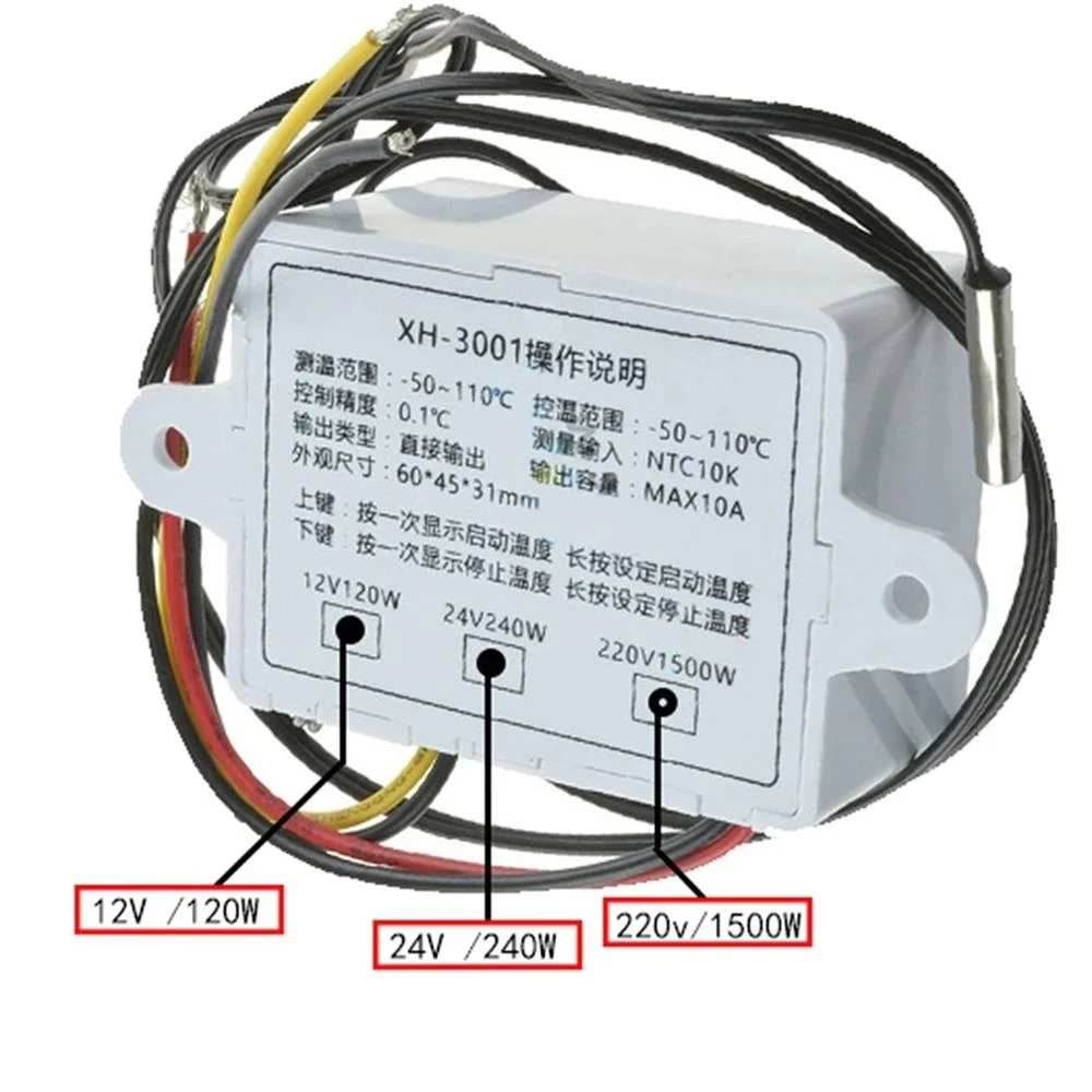 XH-W3001 10A 12V 24V 220V AC Digital LED Temperature Controller for Incubator Cooling Heating Switch Thermostat NTC Sensor