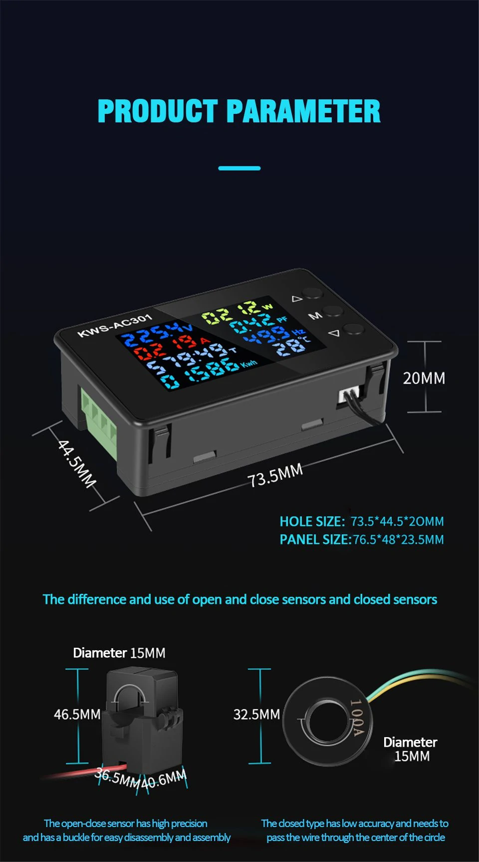 KWS-AC301 8 in1 Voltmeter Ammeter AC 50-300V Power Energy Meter LED Digital AC Wattmeter Electricity Meter 0-100A