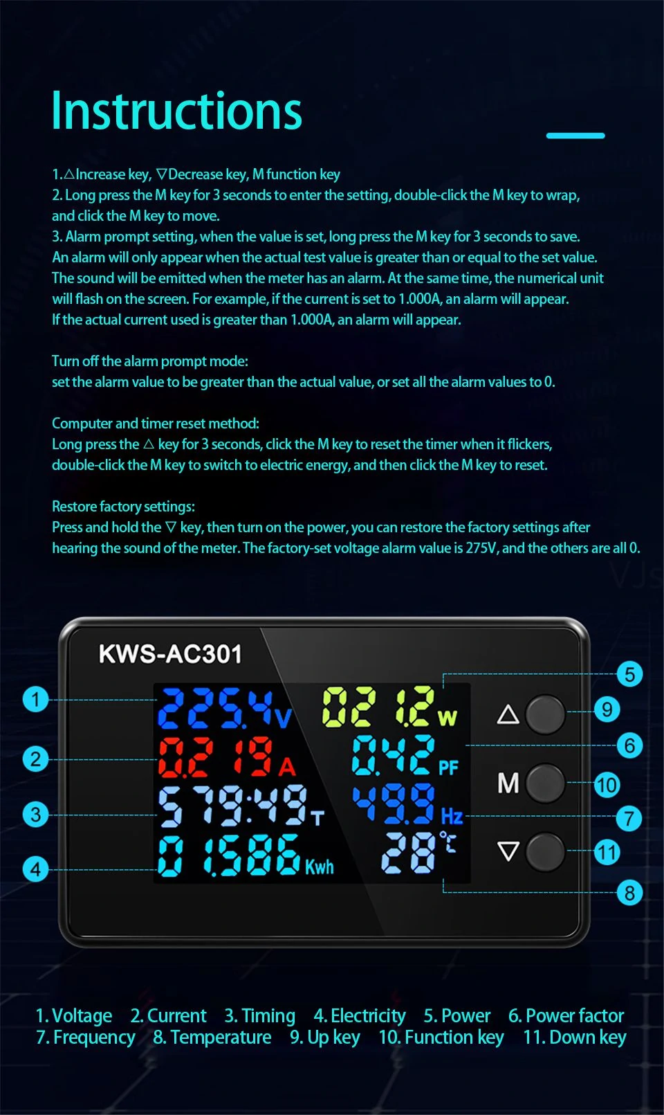 KWS-AC301 8 in1 Voltmeter Ammeter AC 50-300V Power Energy Meter LED Digital AC Wattmeter Electricity Meter 0-100A