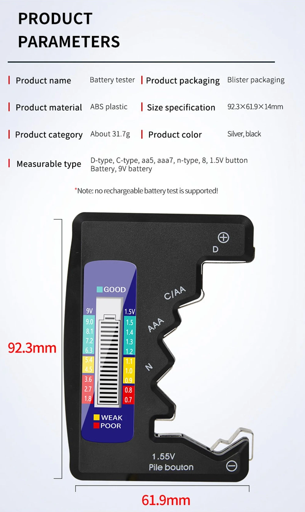 BT-886 Digital Battery Tester LCD Display Level Detector For C D N AA AAA 9V 1.5V Button Cell Battery Capacity Detector Diagnostic Tool