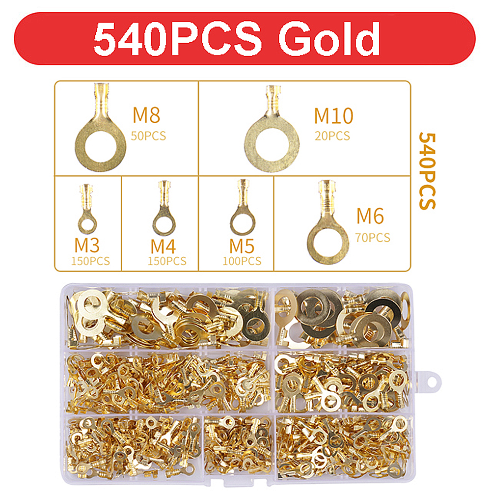 150/300/540 PCS M3/M4/M5/M6/M8/M10 Ring Lugs Eyes Copper Crimp Terminals Cable Lug Wire Connector Non-insulated Assortment Kit
