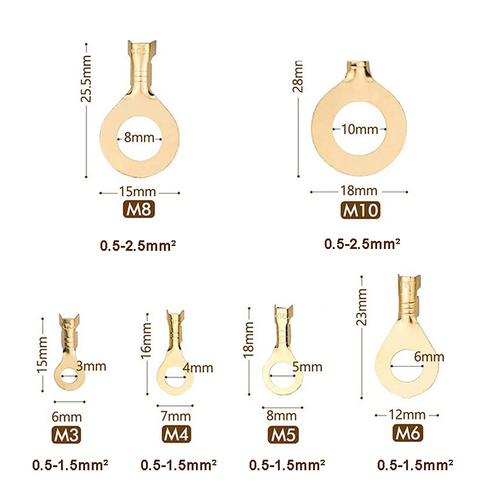 150/300/540 PCS M3/M4/M5/M6/M8/M10 Ring Lugs Eyes Copper Crimp Terminals Cable Lug Wire Connector Non-insulated Assortment Kit