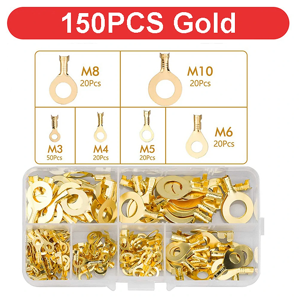 150/300/540 PCS M3/M4/M5/M6/M8/M10 Ring Lugs Eyes Copper Crimp Terminals Cable Lug Wire Connector Non-insulated Assortment Kit
