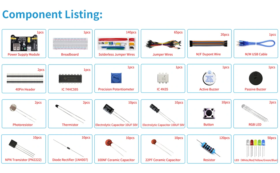 Full DIY Electronic Kit 830 Breadboard Jumper Wire Power Supply Capacitor LED Light ArduinoUNO Nano Mega Basic Starter Kit