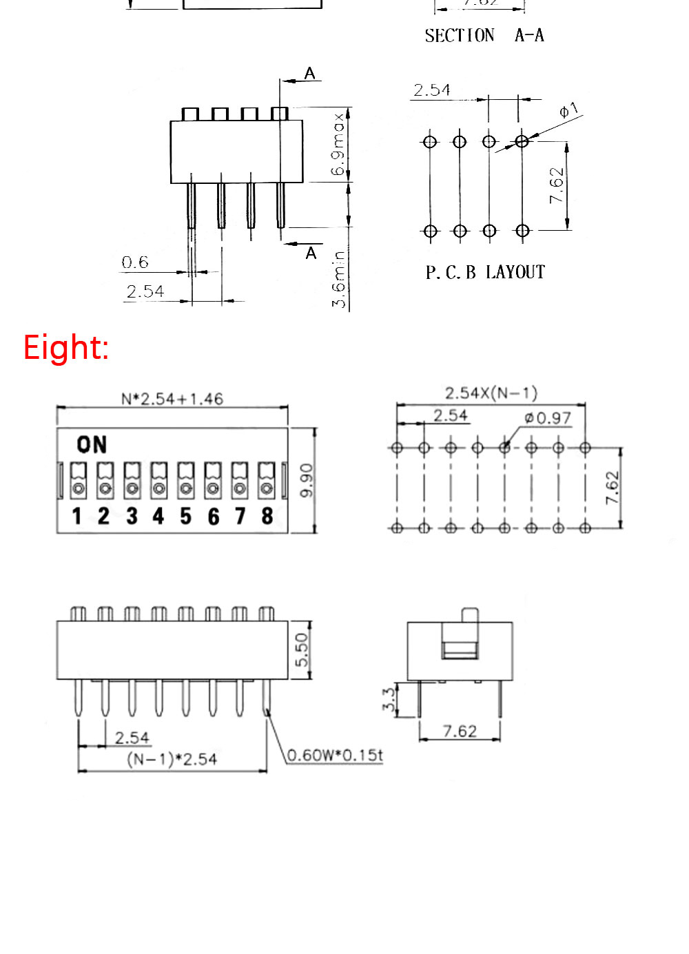 45Pcs Dip Switch Kit 2.54mm Toggle Switch Red Snap Switches Mixed Kit In Box 1 2 3 4 5 6 7 8 10 Way Combination Set