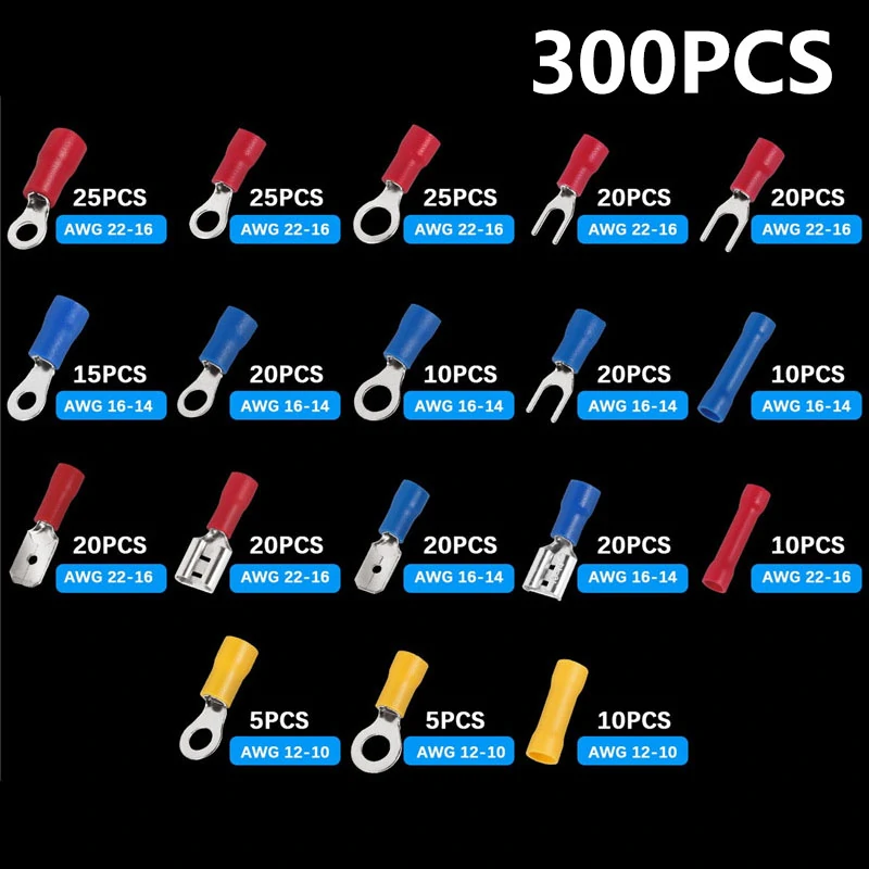 480/300/280Pcs Assorted Spade Terminals Insulated Cable Connector Electrical Wire Crimp Butt Ring Fork Set Ring Lugs Rolled Kit