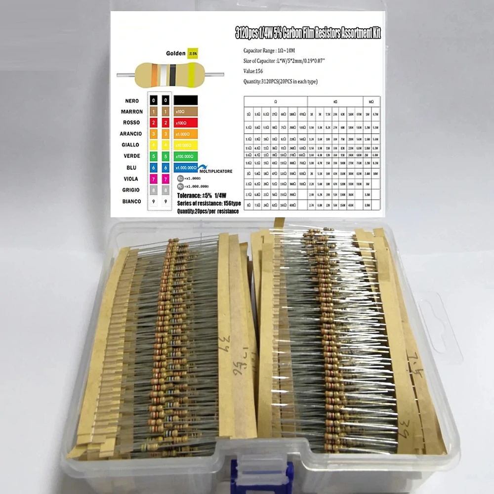 3120pcs 156 Values 1 -10M Ohm 1/4W 5% Carbon Film Resistors Assortment Kit Electronic Components