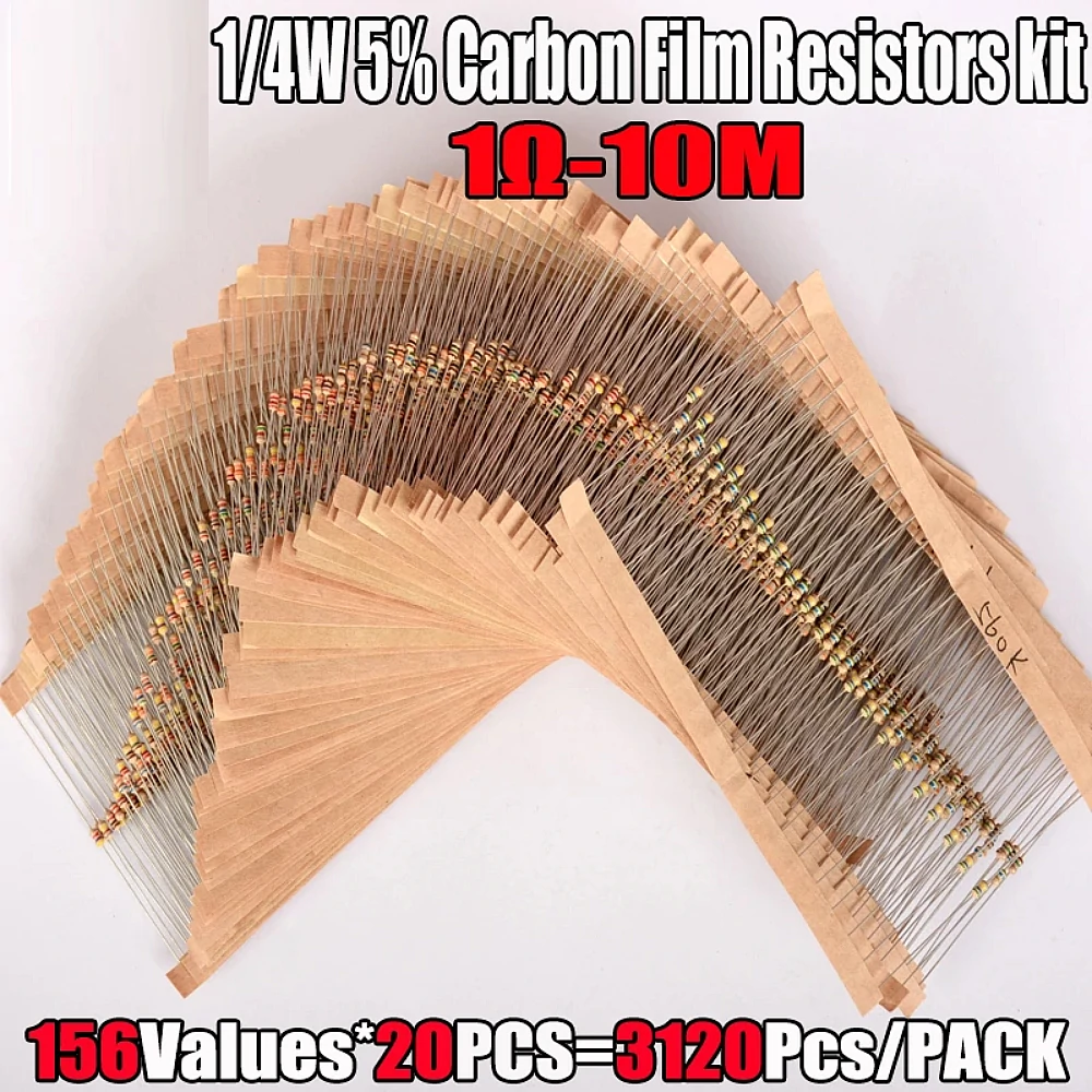 3120pcs 156 Values 1 -10M Ohm 1/4W 5% Carbon Film Resistors Assortment Kit Electronic Components
