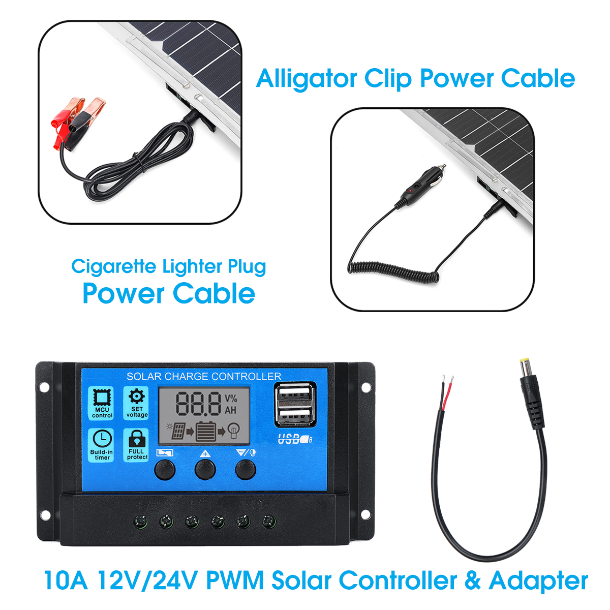 30W 18V MonocrystalineSolar Panel Dual 12V/5V DC USB Charger Kit with 10A Solar Controller & Cables